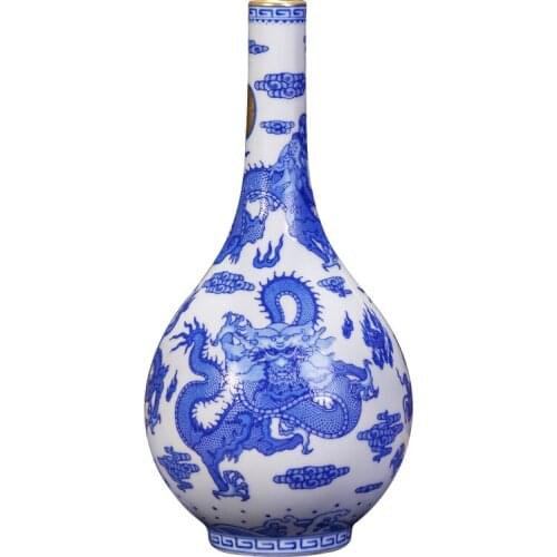 Antique Jingdezhen Blue and White Beautiful Ceramic Dragon Golden Flower Vase For Home Decor