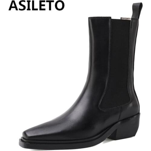 ASILETO Women Luxury Mid Calf Boots Slip On Pointed Toe Square Heel Platform Ladies Real Leather Shoes Woman Footwear Non Slip