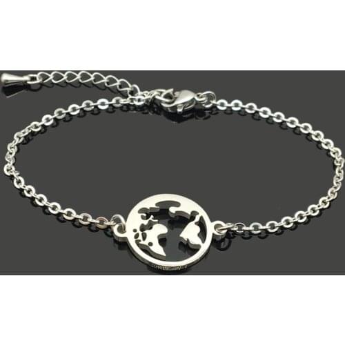New World Map Charm Stainless Steel Chain Bracelet Stainless Steel World Map Pendant Chain Bracelet