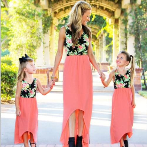 Floral Patchwork Family Dress Summer Sleeveless Mother Daughter Dresses Mom Girls Parent-Child Matching Dress Family Outfits