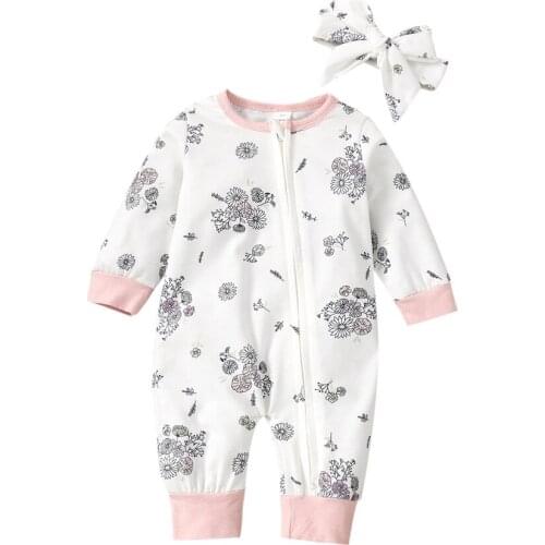 2021 0-18M Cute Infant Baby Girl Jumpsuit+Headband Sweet 2pcs Spring Fall Floral Print Round Neck Long Sleeve Zipper Romper