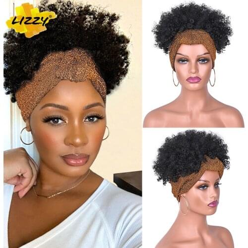Short Afro Kinky Curly Synthetic Puff Wigs For Black Women Headband Drawstring Ombre Turban Wigs High Temperature Fiber Lizzy