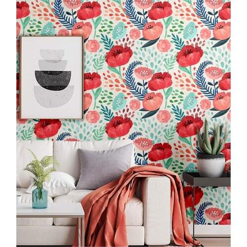 LUCKYYJ Red Flower Green Leaves Wallpaper Peel and Stick Wallpaper Decor Self Adhesive Removable Vinyl Wall Stickers for Home