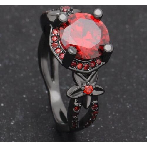 Fashion Flower Shiny Red Ring Red Garnet Women Charming Engagement Jewelry Black Gold Filled Promise Rings Bijoux Femme