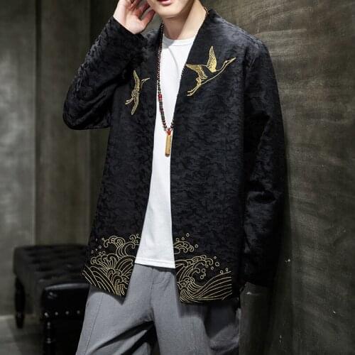 Large size mens Chinese style linen Hanfu embroidery windbreaker jacket Tang suit casual loose Kung Fu kimono coats hanfu men