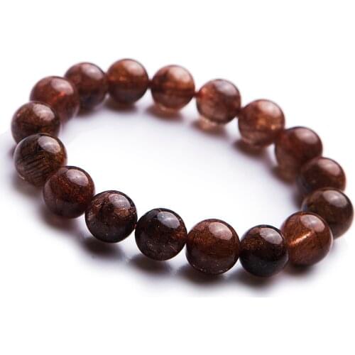 Genuine Natural Copper Hair Rutilated Quartz Crystal Round Beads Fashion Lady Stretch Bracelets 12mm