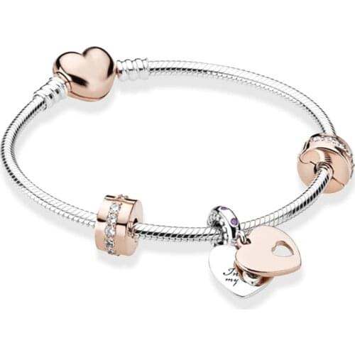 BRACE CO European Heart-shaped Pendant Charm Bracelet Fit Womens Jewellery Snake Chain Rose Gold Metal Fashion Fine Bracelets