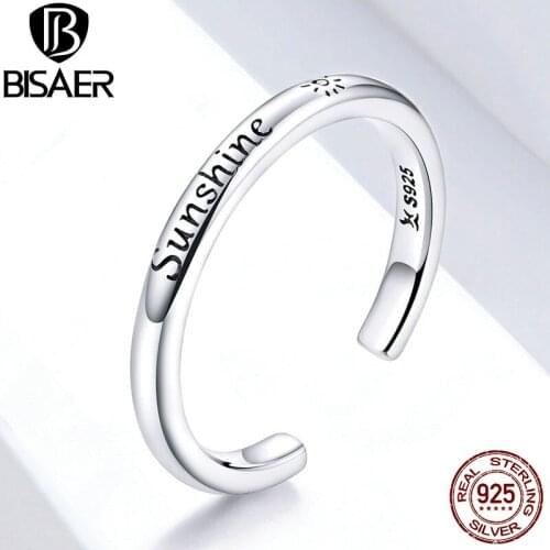 Open Ring BISAER 925 Sterling Silver Lucky SUNSHINE Engrave Open Finger Rings for Women Sterling Silver Jewelry Anel ECR649
