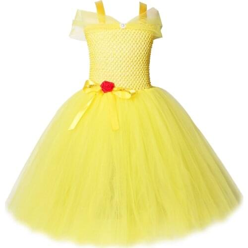 Yellow Belle Dress Girl Beauty and the Beast Inspired Princess Long Tutu Dress for Kids Birthday Party Cosplay Costumes Children