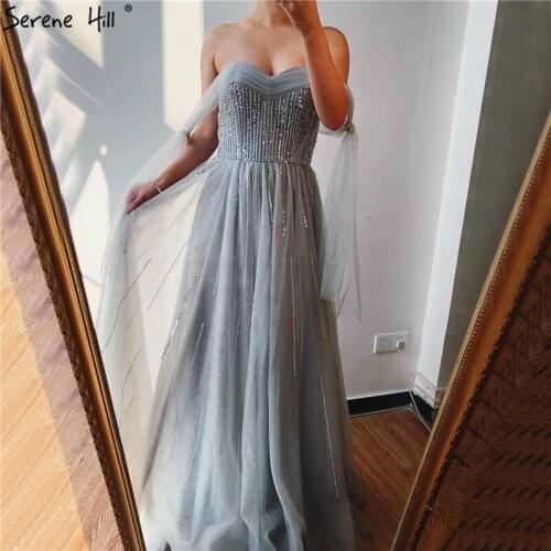 Grey Tulle Off Shoulder Sexy A-Line Prom Dresses 2020 Sequins Beading Sleeveless Formal Dress Serene Hill BLA70377
