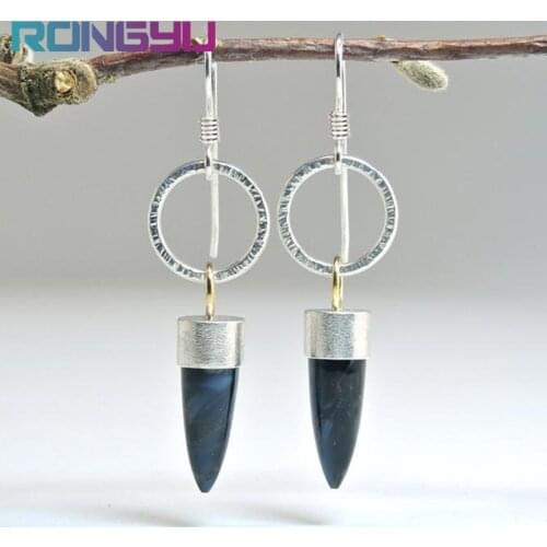 Glittering Small Circle and Tribal Blue Marble Bullet Earrings Vintage Silver Color Hook Earrings for Women Party Jewelry Gift