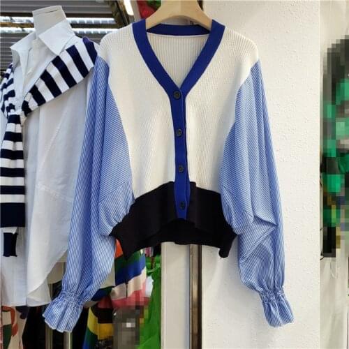 Loose Womans Short Cardigan 2021 Early Autumn New Stripe Patch Knitting Coat Bat Sleeve Femme Casual Outwears