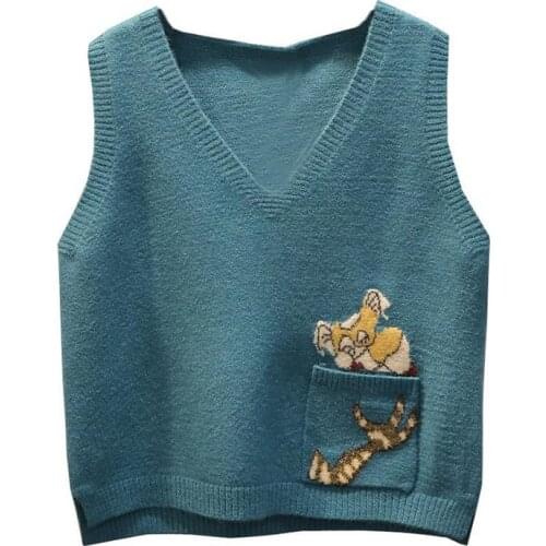 Sleeveless V Neck Cartoon Knitted Sweater Vest Women 2021 Spring Autumn Korean Fashion Preppy Style Pullover Female Knitwear Top