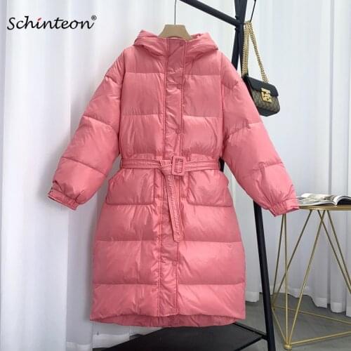 Schinteon Women White Duck Down Long Jacket with Hood Solid Color Autumn Winter Warm Outwear Slim Belt Windbreaker Coat New