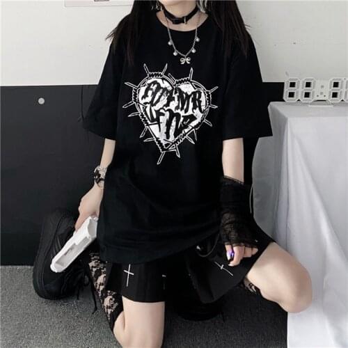 Y2k Mall Goth Vintage Print T-shirt Women Harajuku Streetwear Dark Gothic Emo Alt Short Sleeve O-neck Loose Black Tee Tops