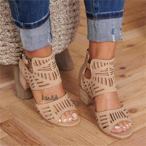 2021 Vintage Hollow Sandals Mid Heel Summer Slip-on Buckle Ladies Shoes Artificial Open Toe Casual Wedding Pumps Women Sandalias