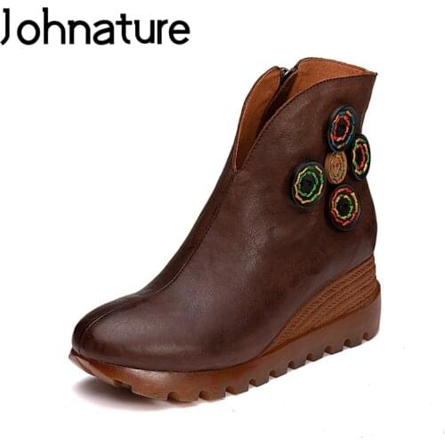 Johnature 2020 Autumn/Winter New Waterproof Slip-heel Womens Shoes Retro-vintage Handmade Leather Fashion Zipper Pumps