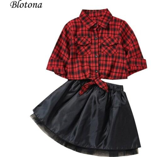 Blotona 2Pcs Toddler Stylish Outfit, Plaid Turn-down Collar Single-breasted Long Sleeve Shirt Tops + Short Skirt for Girls 1-5Y
