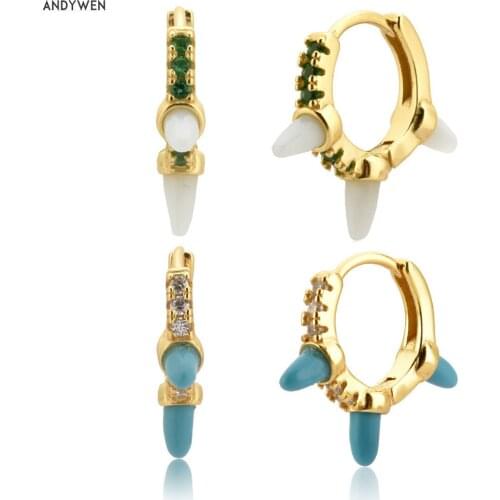 ANDYWEN 925 Sterling Silver 8.9mm Three Spike Gemstone Hoops Earring White Turquoises Spike Luxury Fine Jewelry For European