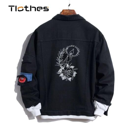 Black Denim Jacket Mens Clothing Flowers Embroidery Denim Shirt Men Leisure Long Sleeve Jeans Shirts Mens Jeans Jacket Man
