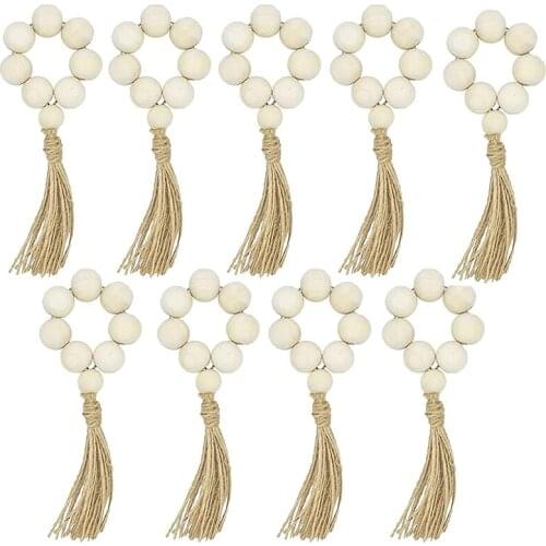 Wood Bead Napkin Rings with Tassels Farmhouse Beaded Wooden Napkin Rings Wall Hanging Decor Holiday Rustic Napkin Rings