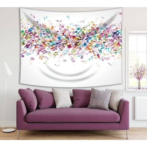 Tapestry Colorful Music Notes Patterns Celebration Fun Musical Theme Purple Yellow Blue Green