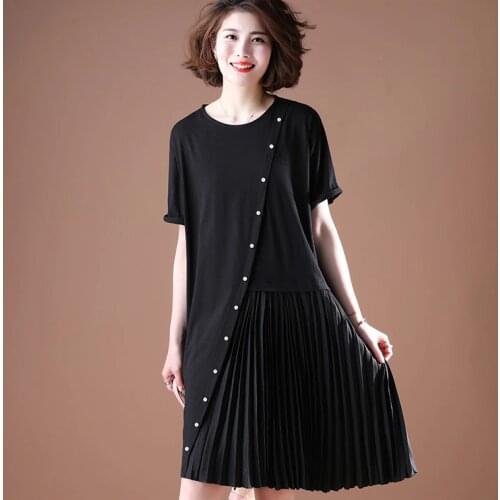 Summer new vestidoidos short-sleeved large size knee stitching chiffon pleated beaded round neck fake two-piece dress D182