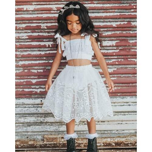 2021 New Baby Girls Clothes Set Summer Kids Lace-up Cami Crop Tops + Lace Floral Hem A-line Skirts Princess Girls Dresses 2-7Y