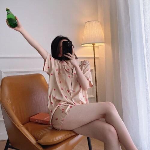 2021 Summer Chic Sweet Strawberry Print Women Pajamas Set Turn-down Collar Short-sleeve Tops+ Loose Shorts Silk Satin Loungewear