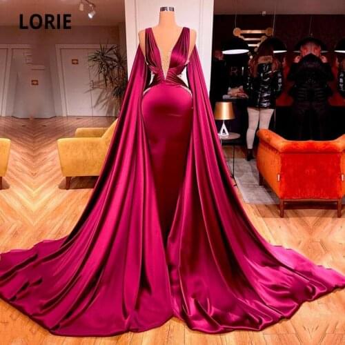 LORIE Arabic Evening Dresses Long V-Neck Beaded Cap Sleeves Mermaid Satin Formal Prom Gown Party Dress abendkleider 2021 dubai