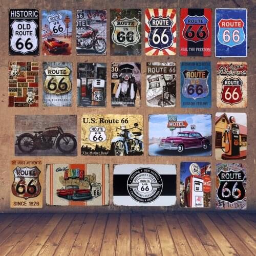 Retro Metal Poster Gas Station US Route 66 Tin Signs Vintage Home Decorative Bar Pub Wall Decor Metal Car Sticker 20X30CM