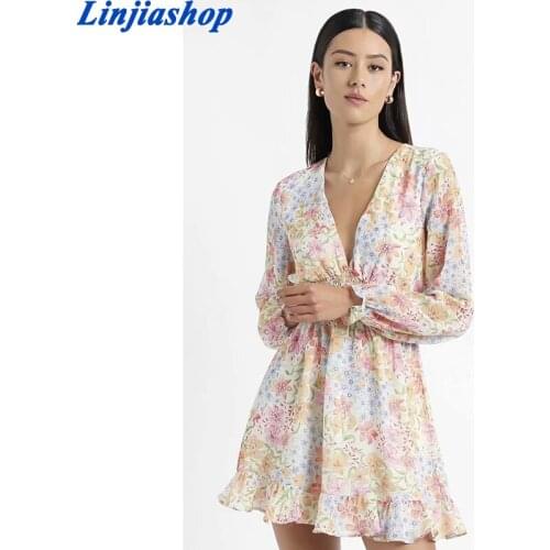 Summer women mini dress elastic slim floral print long sleeves ruched lining spring beach short dresses ladies