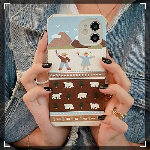 Japan New Cute Cartoon Polar Bear Phone Case for iPhone 12 11 Pro Max XS X XR 7 8 Puls SE 2020 Painting Retro Leather Cover