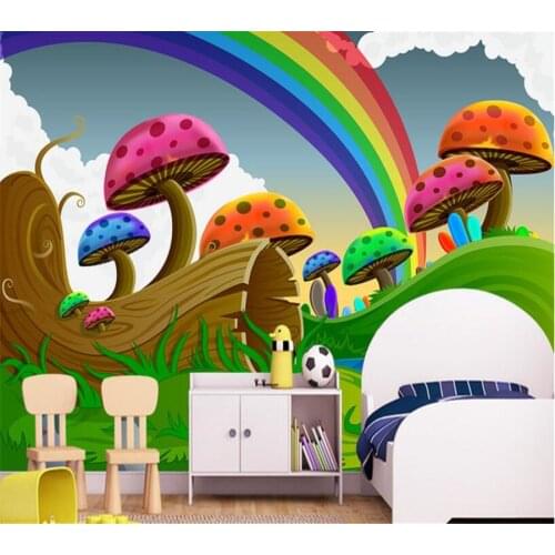 Beibehang Wallpaper the living room TV background wallpaper cute rainbow mushroom cartoon childrens 3D wall paper mural rainbow