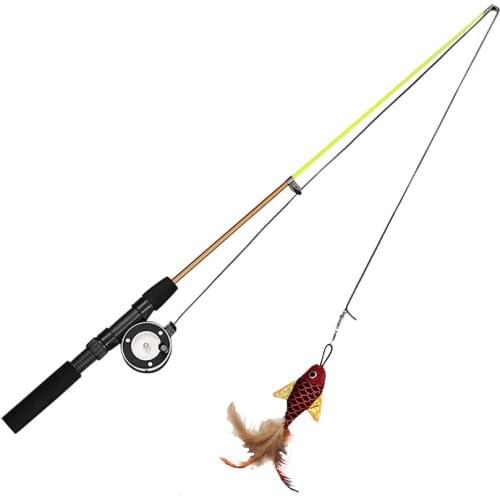 Funny Cat Kitten Stick Feather Fish Teaser Wand Wire Chaser Interactive Play Toy