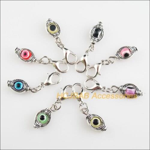 16 New Oval 8x16mm Charms Mixed Eye Resin Tibetan Silver Plated Retro With Lobster Claw Clasps