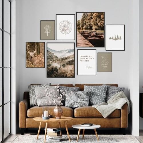 Scandinavian Forest Landscape Canvas Painting Mountain Boat Grass Deer Poster Print Wall Art Picture Modern Living Room Decor