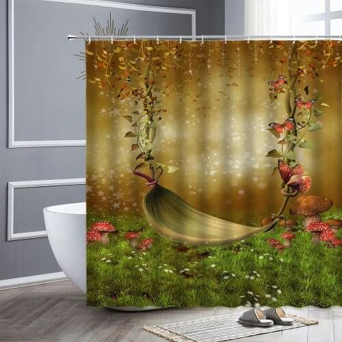 Fairy Tale Fantasy Forest Shower Curtain Set Cartoon Mushroom Tree Owl Green Plant Bathroom Curtains Fabric Bathtub Decor Screen