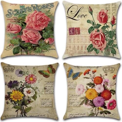 Vintage Flower Peacock Feather Linen Pillow Case Cushion Cover Sofa Home Decor Cushion Cover