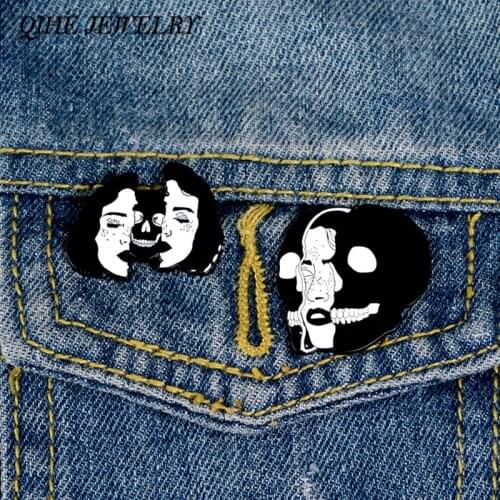 QIHE JEWELRY Double Face Pin Women and Skull Face Enamel Lapel Pins Denim clothes bags Black Punk Jewelry Gift for Men Friends
