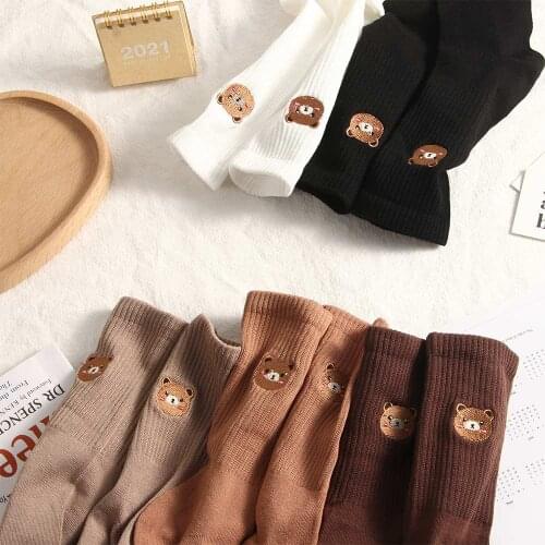 Harajuku College Style Cartoon Embroidery Bear Women Cotton Socks Animal Print Autumn Winter Warm Fashion Mid-tube Socks Hosiery