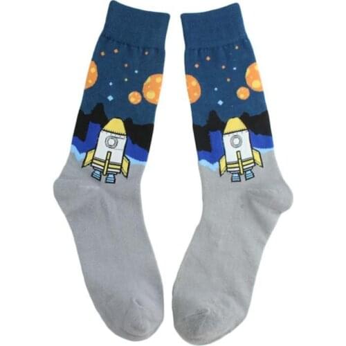 Women Novelty Crew Socks Solar System Rocket Astronaut Planet Harajuku Hosiery D08E