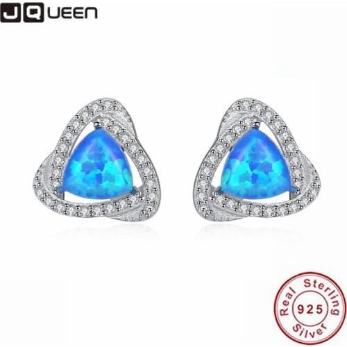 JQUEEN 925 Sterling Silver Opal Stud Earrings Delicate Wedding Geometric Triangle Cubic Zirconia Womens Earrings
