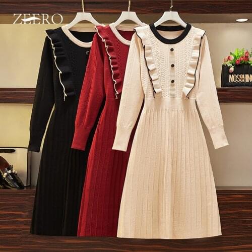 Female Ruffle O-Neck Buttons Lantern Sleeve A-Line Knitting Dress for Women Woven Jacquard Base Keep Warm Sweater Dresses L-4XL