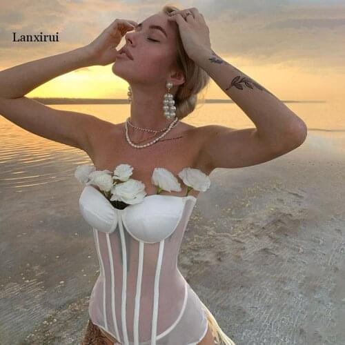Womens Vintage Strapless Lace Up Back Mesh Overbust Bustier Corset Tops Sexy Slimming Waist Body Shaper Built in Bra Clubwear