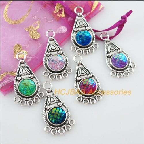 12 Teardrop Scales Resin Connectors Mixed Charms Tibetan Silver Pendant 19x35mm