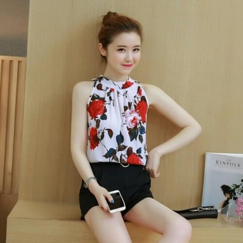 2021 New Summer Korean Plus Size Sleeveless Print Shirt Elegant Fashion Chiffon Shirt Women BlouseTops Blusas