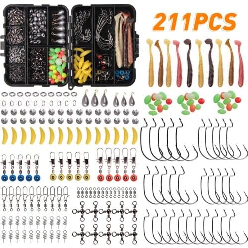 211pcs Fishing Tackle box Kit include Fishing Sinker Weights jig Hook grub lure rolling swivels for Fishing Accessories
