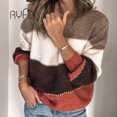 5XL Fashion Patchwork O-neck Autumn Winter Sweater 2021 New Women Long Sleeve Warm Knitted Sweaters Pullover Female Tops Jumper
