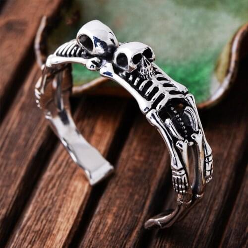 MetJakt Punk 1.6cm Width Skull Bangles & Handmade Carved Human Bone Solid 925 Sterling Silver Bracelet for Biker Mans Jewelry